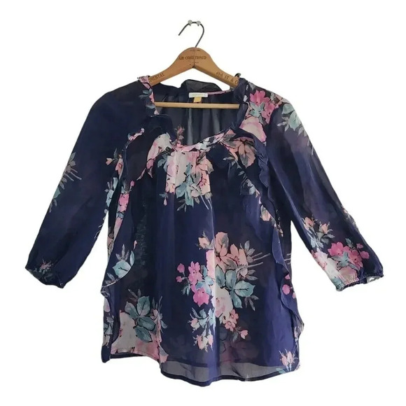 Anthropologie Leifsdottir Blouse Top Size 2 Navy Floral Cotati Chiffon 100% Silk - Picture 2 of 8